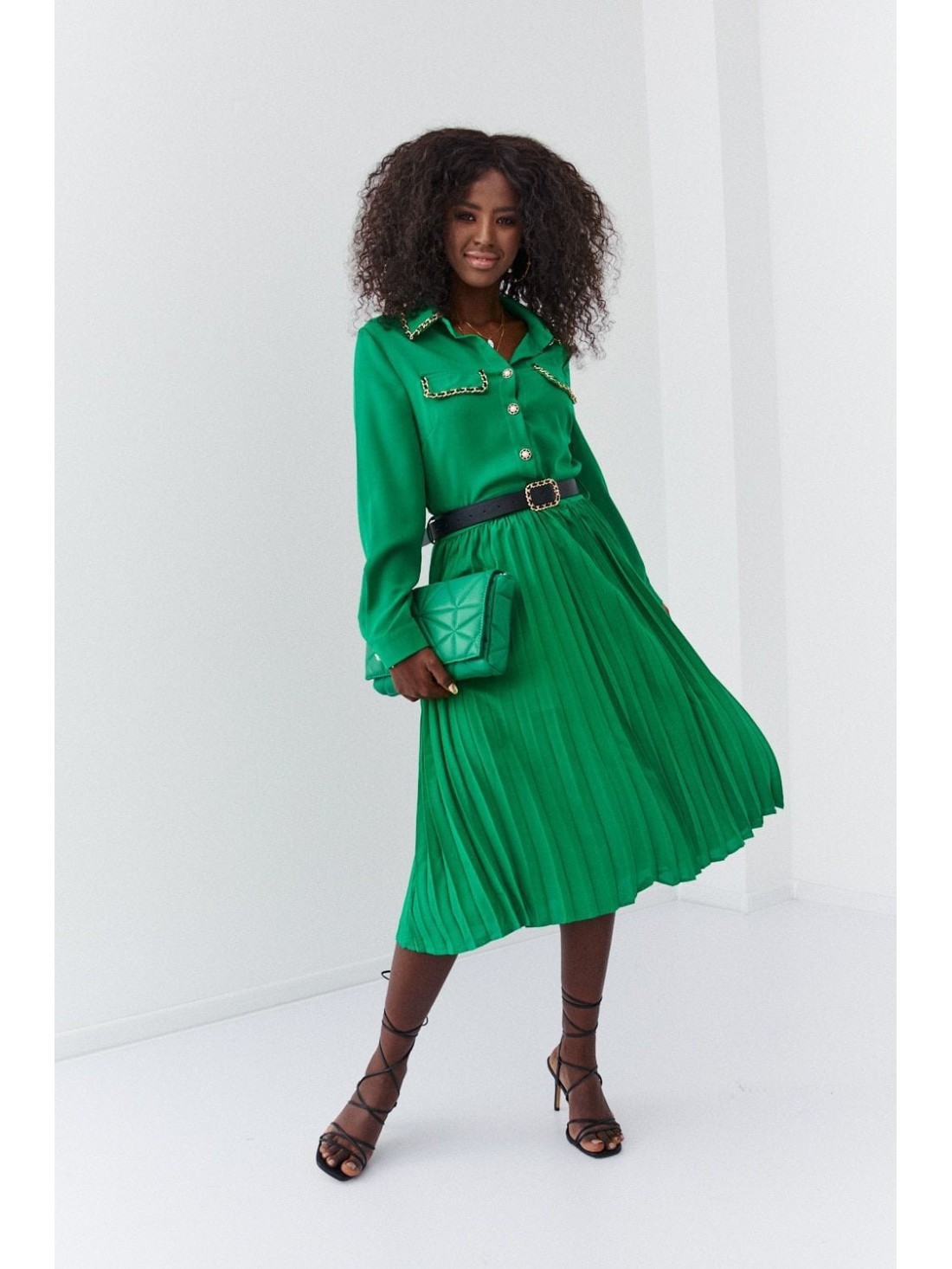 Shirt dress with pleated bottom, green 6783 - Online store - Boutique